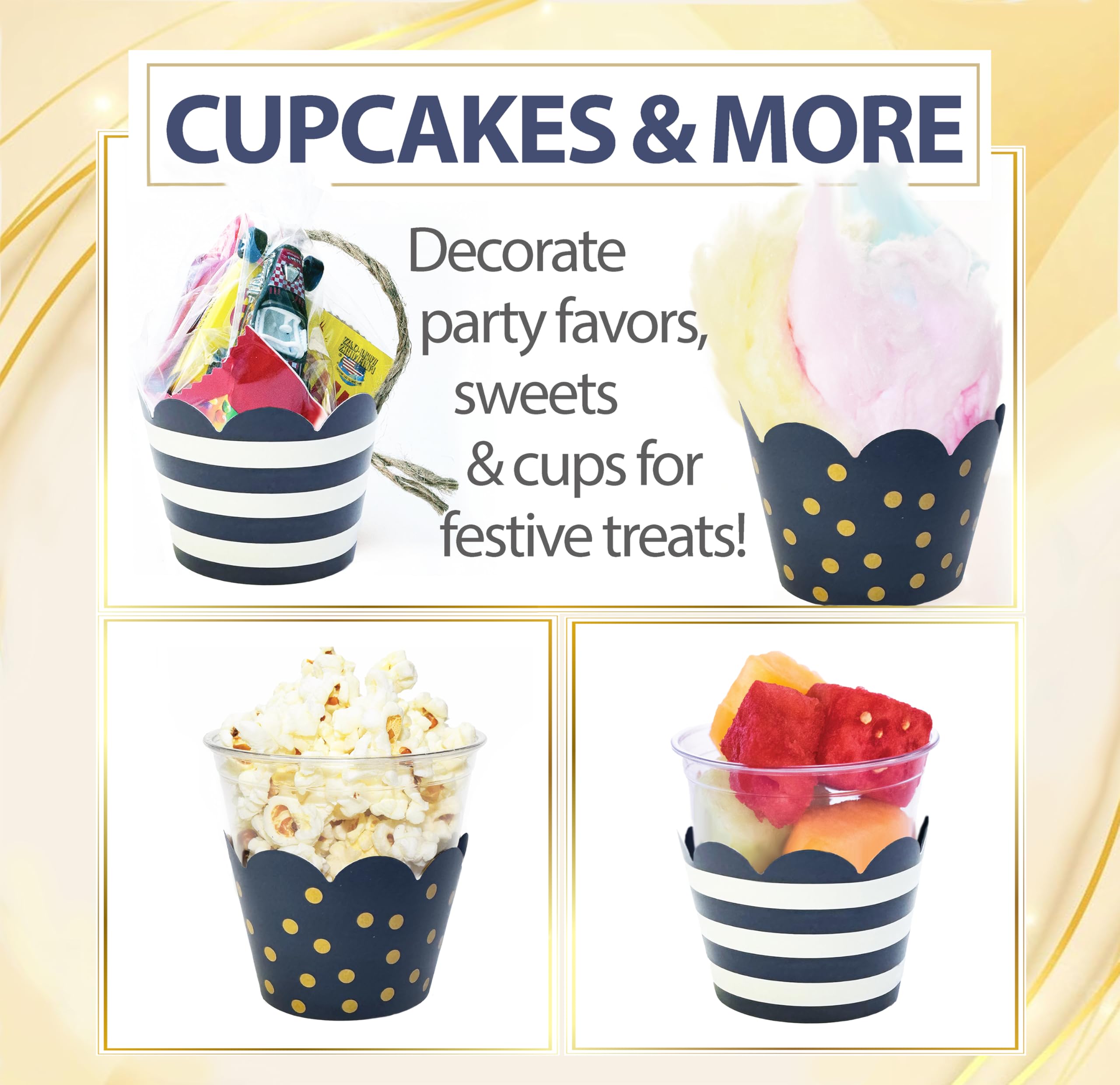 Cupcake Wrappers - Navy & White Wedding, Gold Dots Kate Stripe Classy Bridal, Baby Shower Decoration, Nautical Birthday Party, M